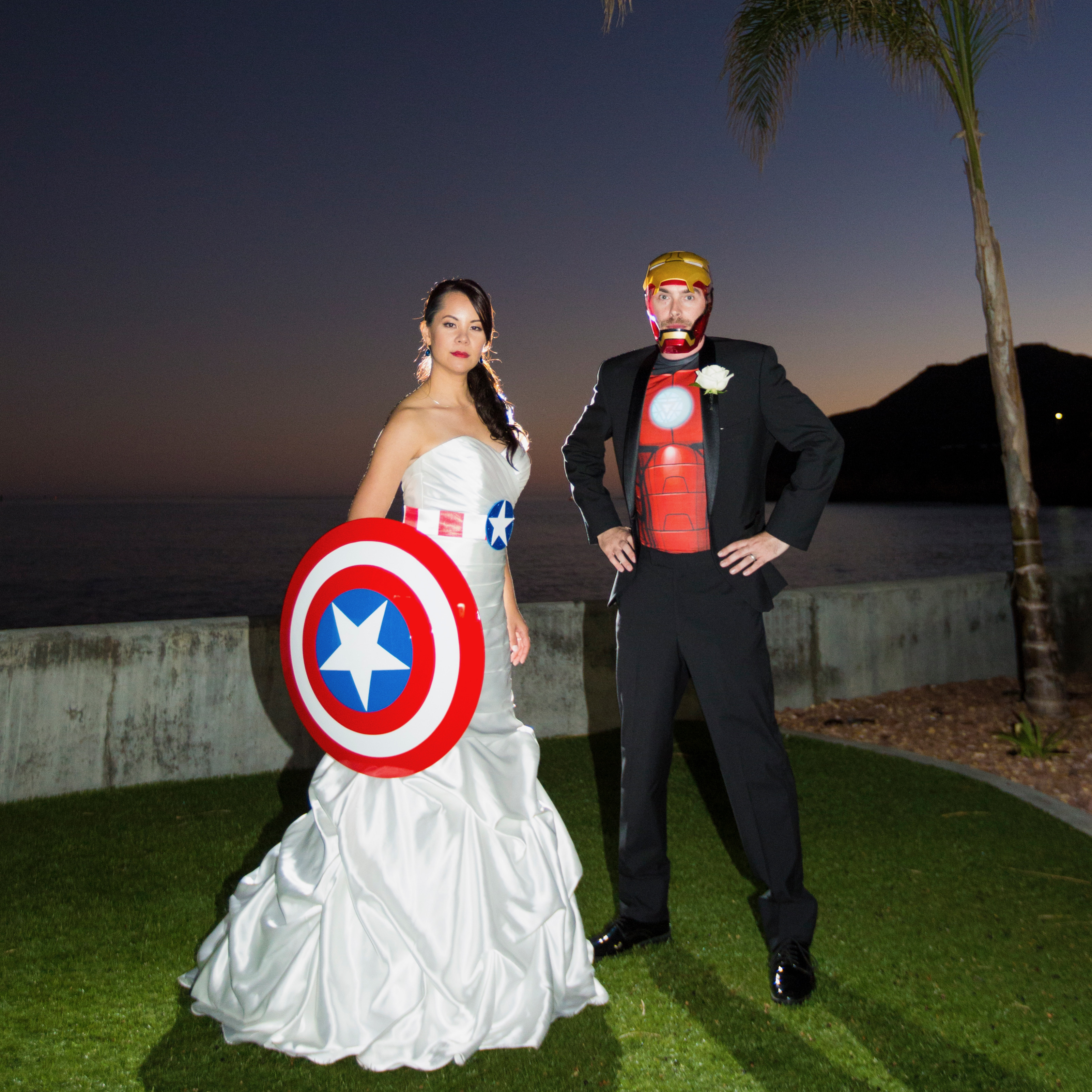 Wedding photo of Trecia Lovering as Captian America and Husband as Iron Man